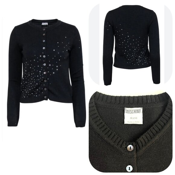 Auc Moschno Rhinestones embellished Lana Wool Black cardigan S - Picture 5 of 14